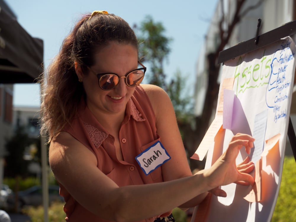 Sarah at a Connect and Prepare event in July of 2020, writing on large post it paper in front of a crowd.